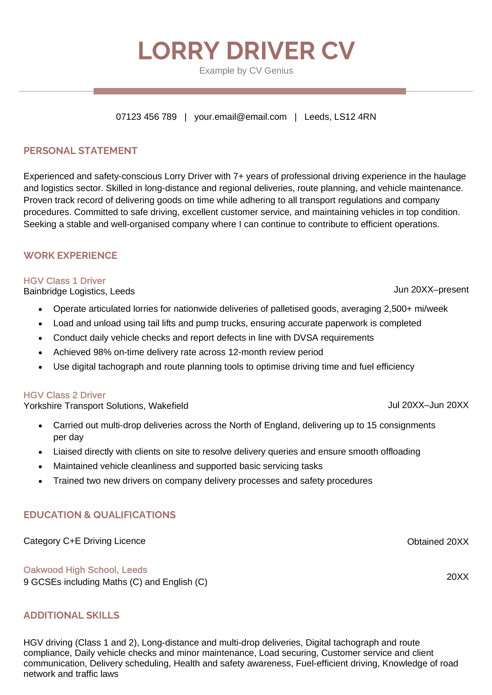 A lorry driver CV example.