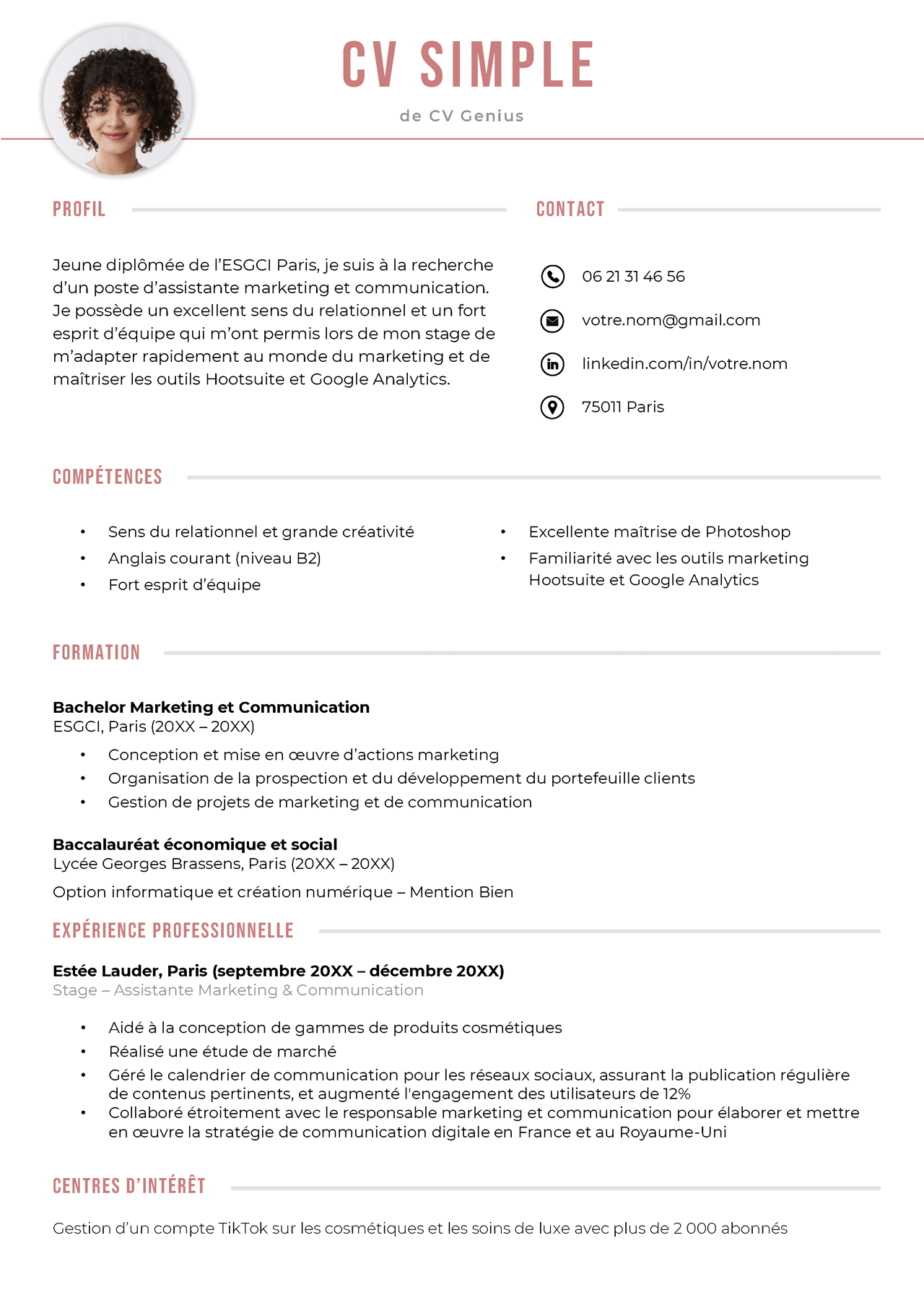 CV Simple Mod les Exemples Et Conseils D optimisation CV Simple Mod les Exemples Et Conseils D optimisation