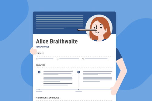 An illustration of a woman writing untrue information on a document to represent lying on a CV