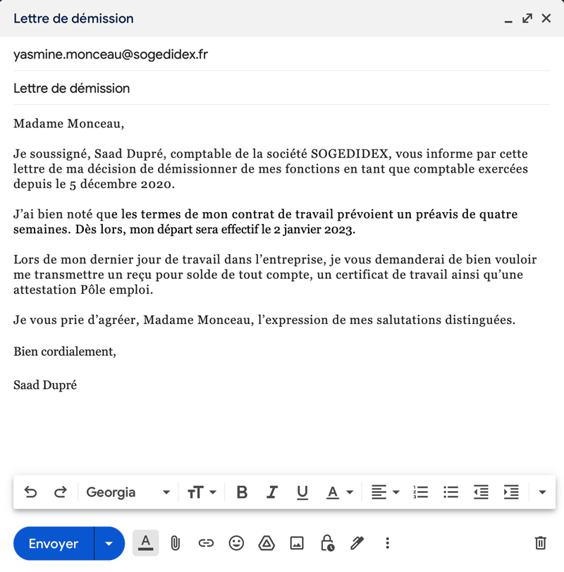 comment ecrire lettre de démission