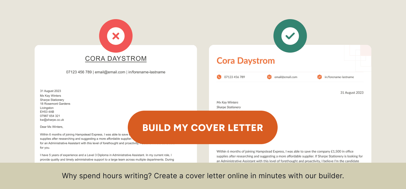 A comparison between a dull cover letter and a vibrant, colourful cover letter with a button that takes you into a high-quality cover letter builder.