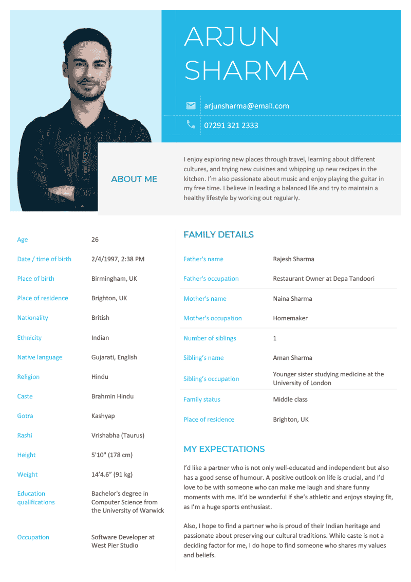 An example of a marriage CV for a male applicant on a template with blue headers