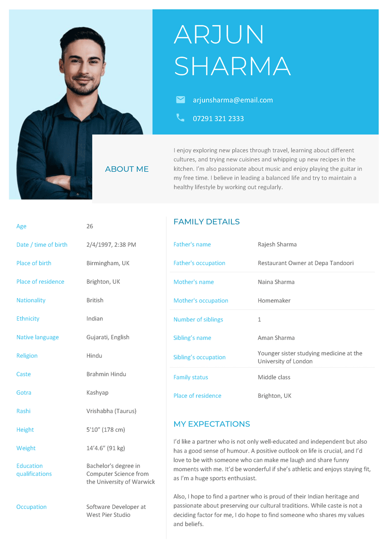 An example of a marriage CV for a male applicant on a template with blue headers