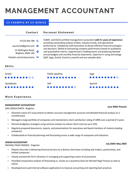 A management accountant CV sample in the Coventry CV template.