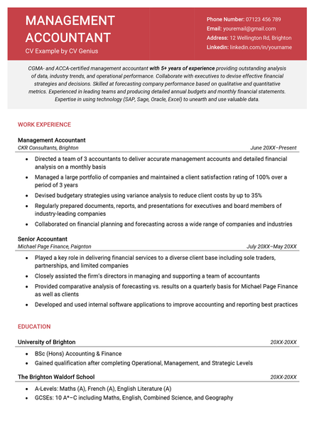 A management accountant CV sample in the Wakefield CV template.