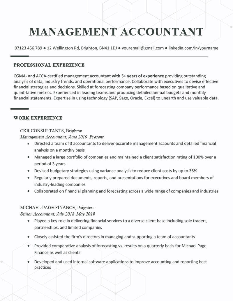 The first page of a management accountant CV example on a template with dark green headers to highlight the applicant's personal statement, work experience, education, skills, and hobbies and interests section