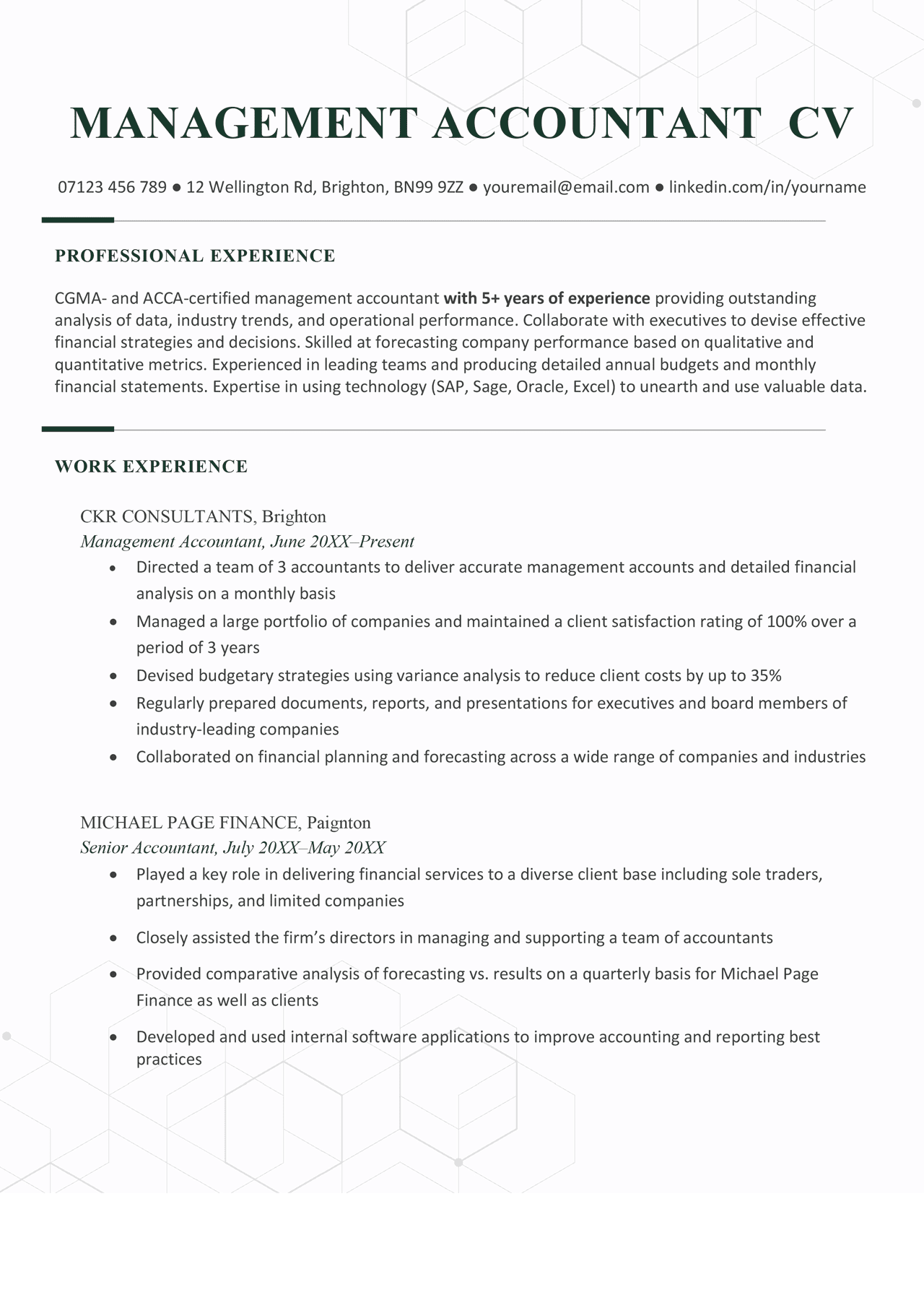 The first page of a management accountant CV example on a template with dark green headers to highlight the applicant's personal statement, work experience, education, skills, and hobbies and interests section