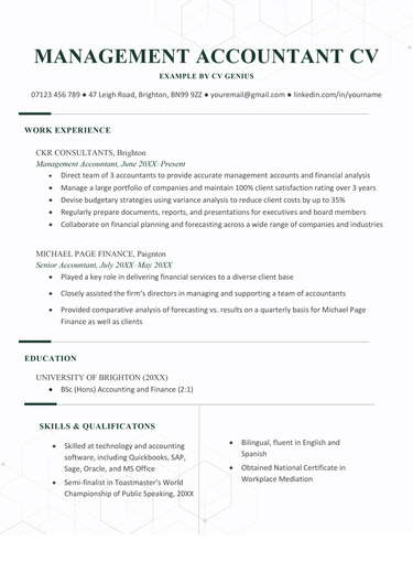 The first page of a management accountant CV example on a template with dark green headers to highlight the applicant's personal statement, work experience, education, skills, and hobbies and interests section