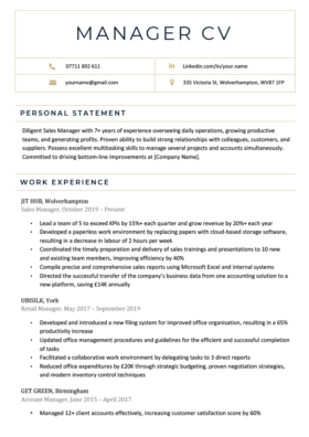 The first page of a manager CV example with the applicant's contact information in a table in the header, and sections for a personal statement and work experience