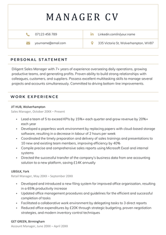 The first page of a manager CV example with the applicant's contact information in a table in the header, and sections for a personal statement and work experience