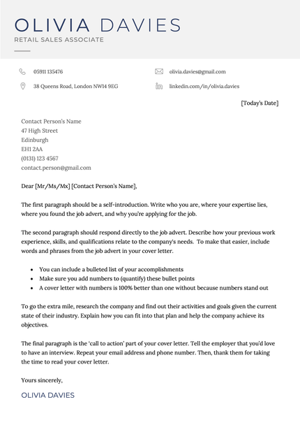 The Manchester cover letter template in blue.