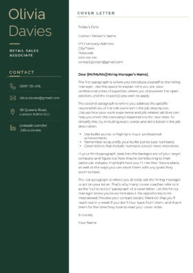The Manchester cover letter template in green.