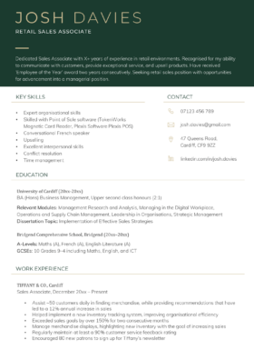 The Manchester CV template features a large, bold CV header in green to contrast with the candidate's name in gold, helping this CV template to stand out to employers.