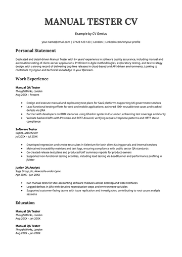 Example of a CV for a manual tester role.