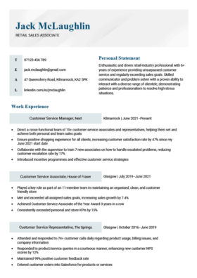 simple and basic CV template, blue left-aligned header, experience section broken into blocked headings, page 1