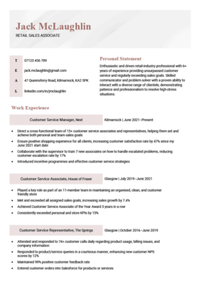 simple and basic CV template, maroon left-aligned header, experience section broken into blocked headings, page 1