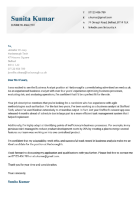 basic cover letter template, blue left-aligned name in the header with a gray background, recipient's contact details are also grayed out, paragraph text is bolded