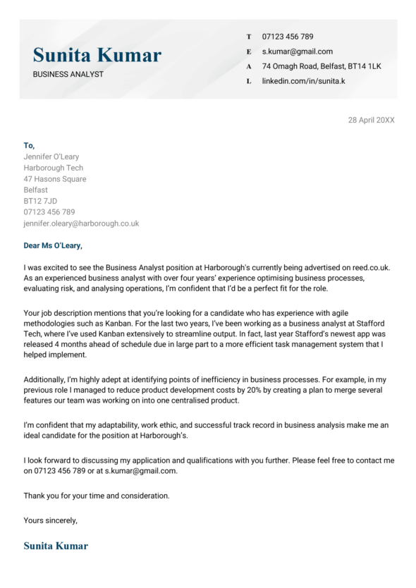 The Manx cover letter template with a blue left-aligned name in the header and a grey background. The recipient's contact details are also in grey text.
