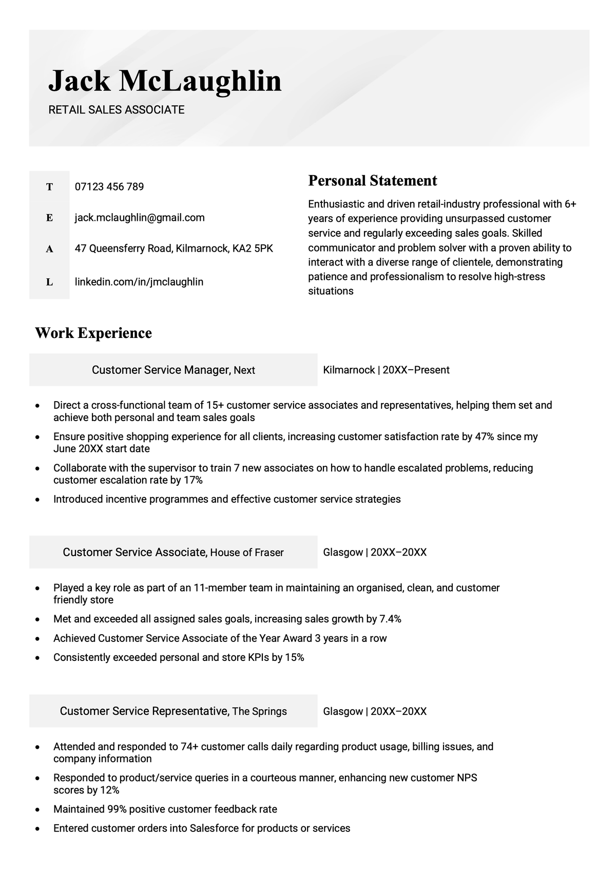The first page of the Manx modern CV template.