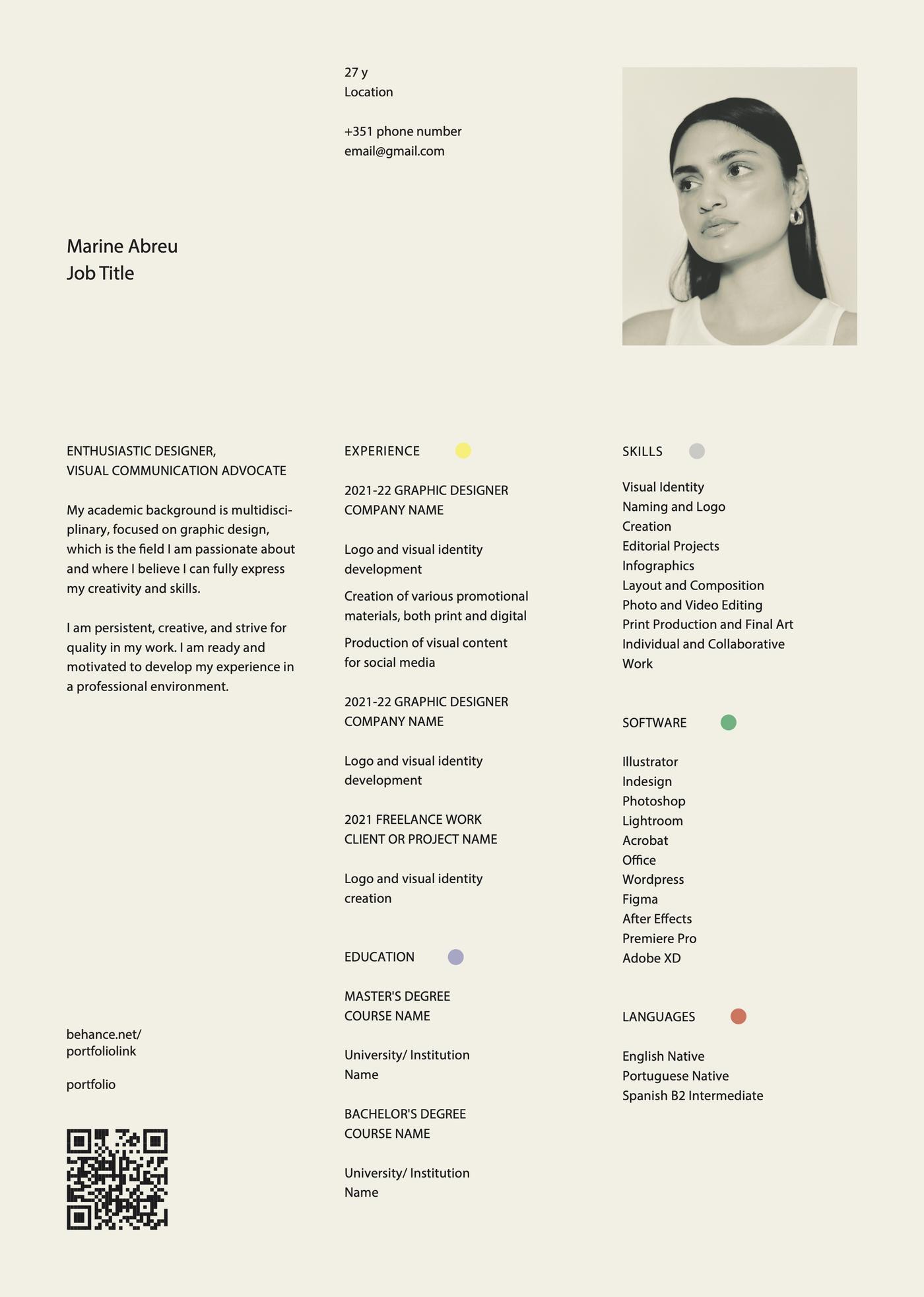 The 2023 curriculum vita template by Marine Abreu.