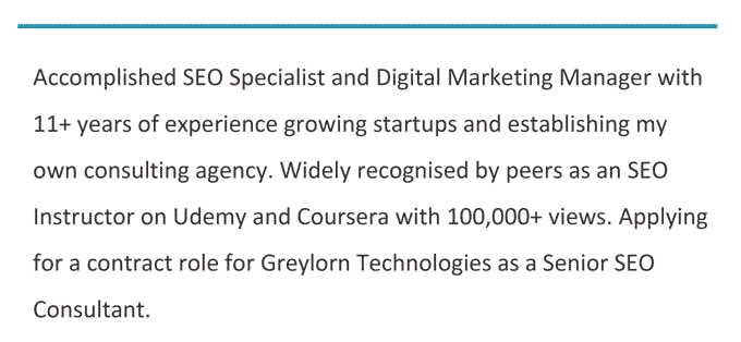 A marketing CV personal statement example with a teal line above it.