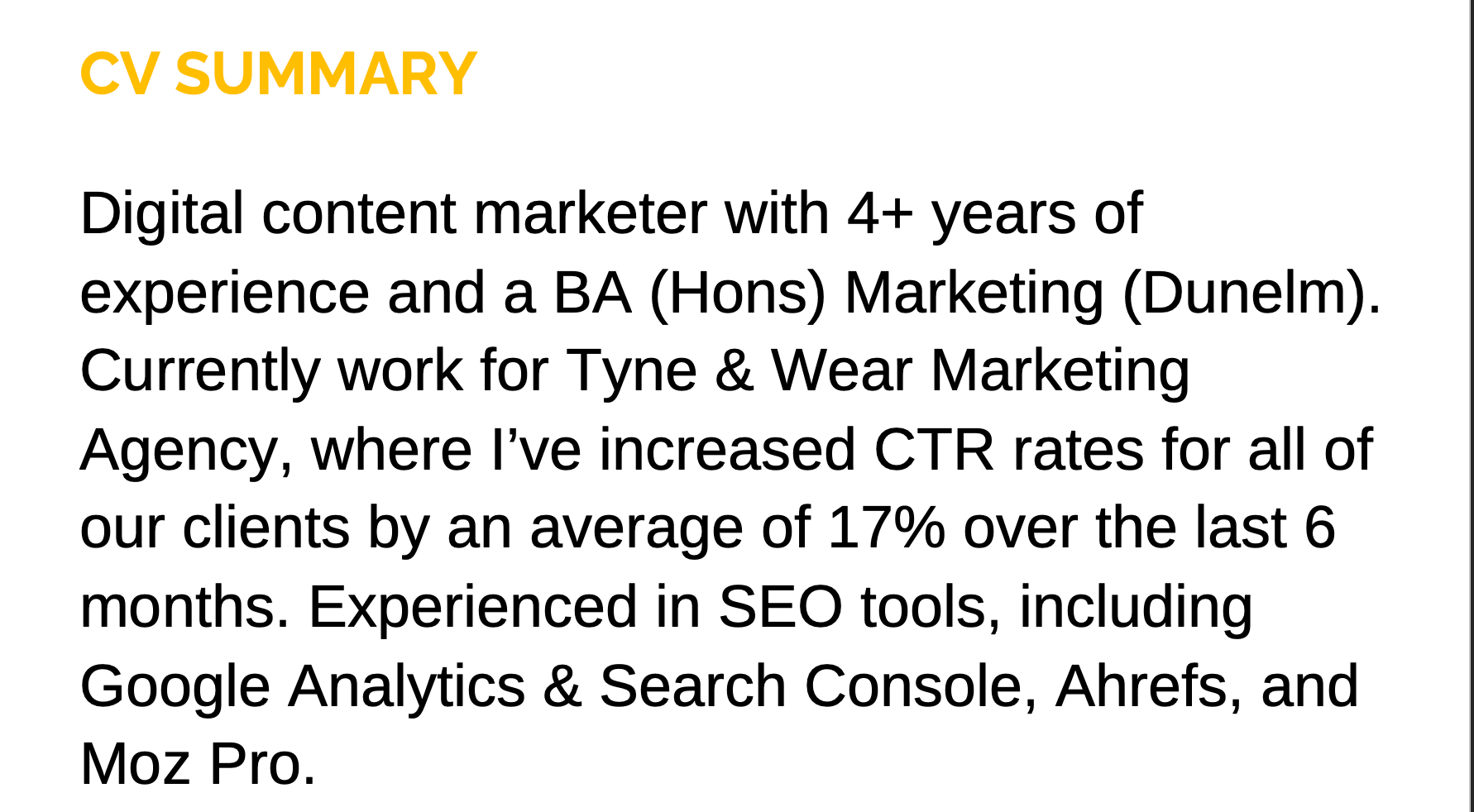 A marketing CV summary with a yellow CV summary title.