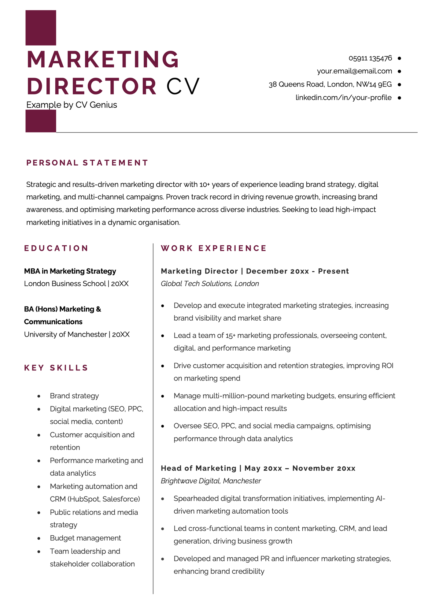 A marketing director CV sample.