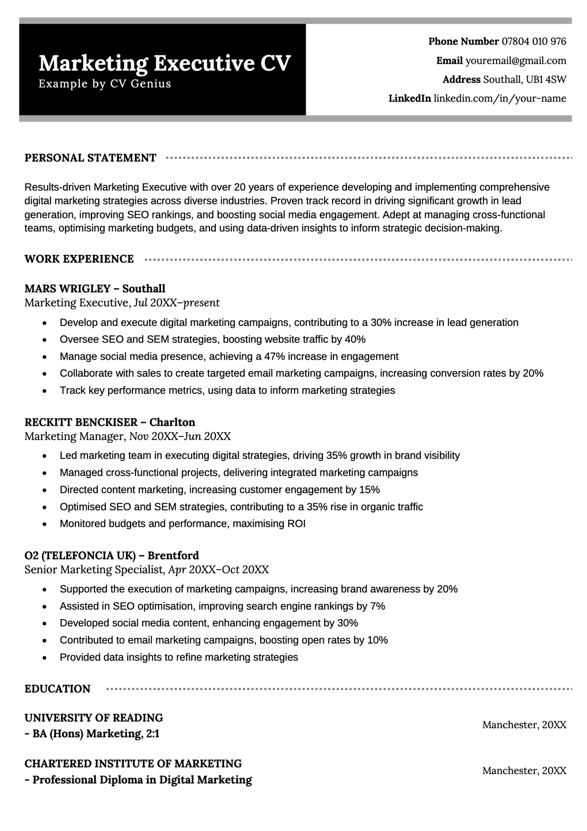 A marketing executive CV with a black header