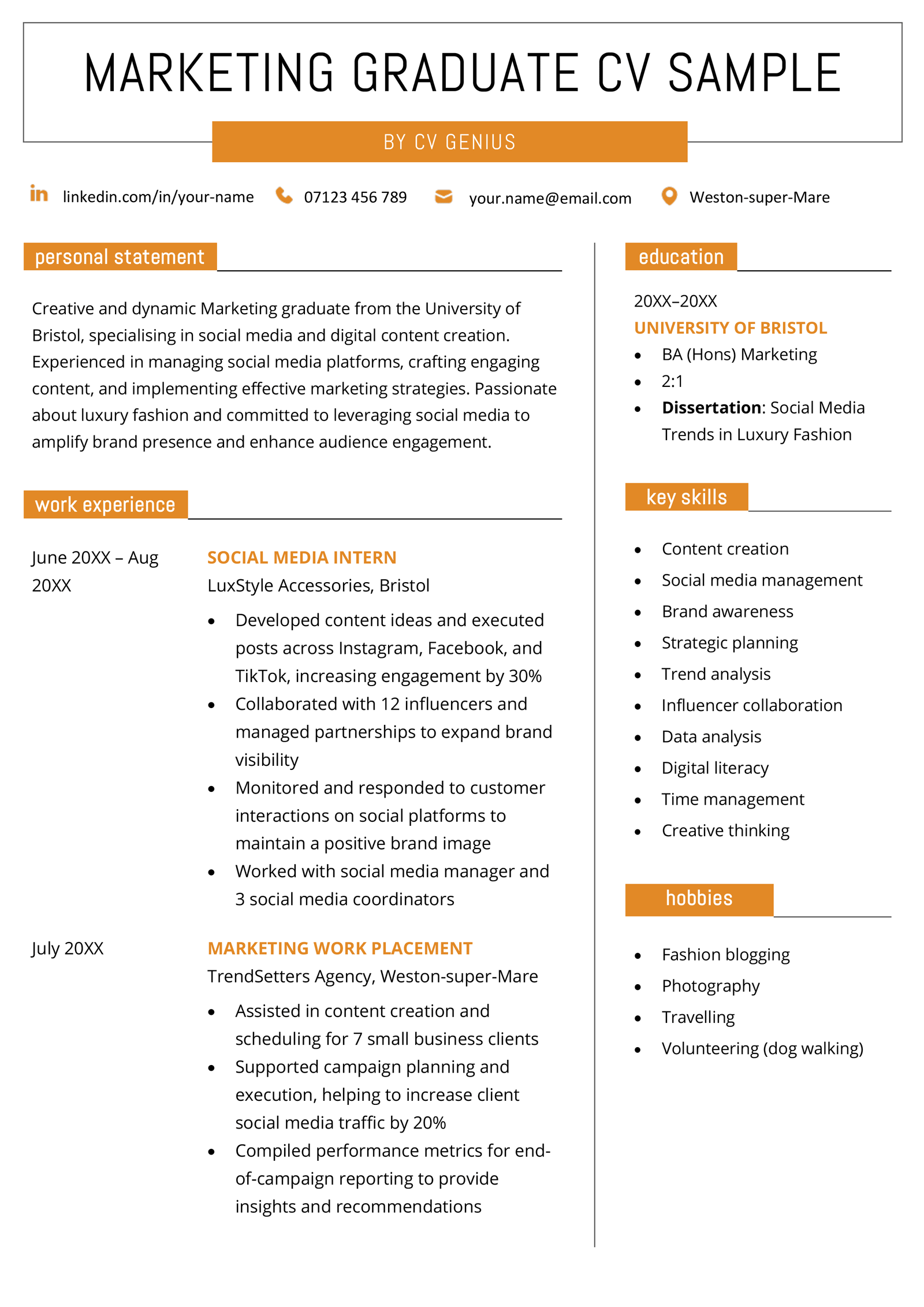 A marketing graduate CV example that uses a bright orange colour scheme to fit in with the modern nature of the marketing industry.