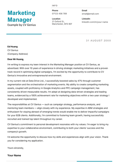 A marketing manager cover letter example for UK job seekers.