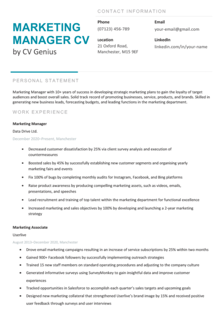 A marketing manager CV example