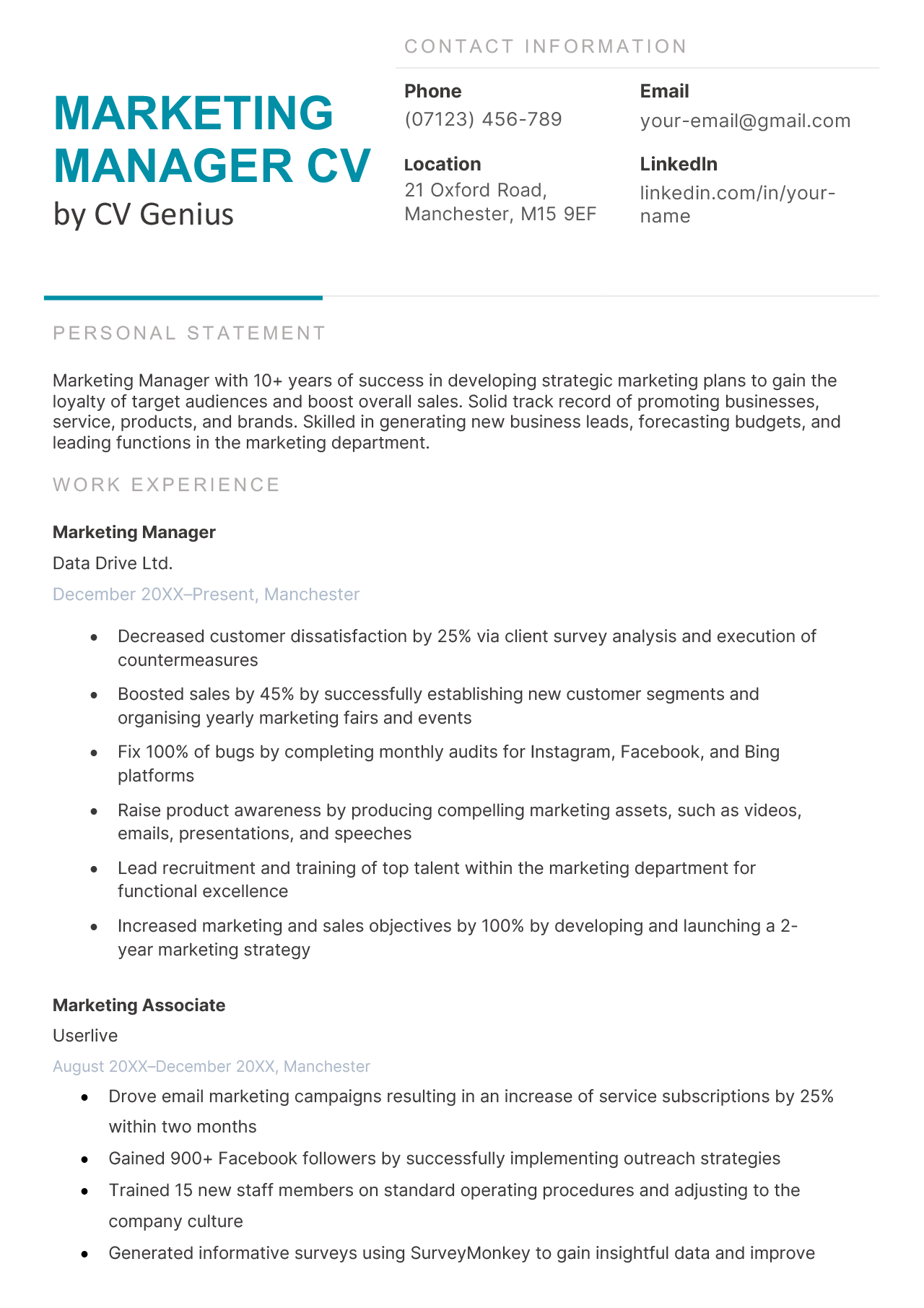 The first page of a marketing manager CV example.