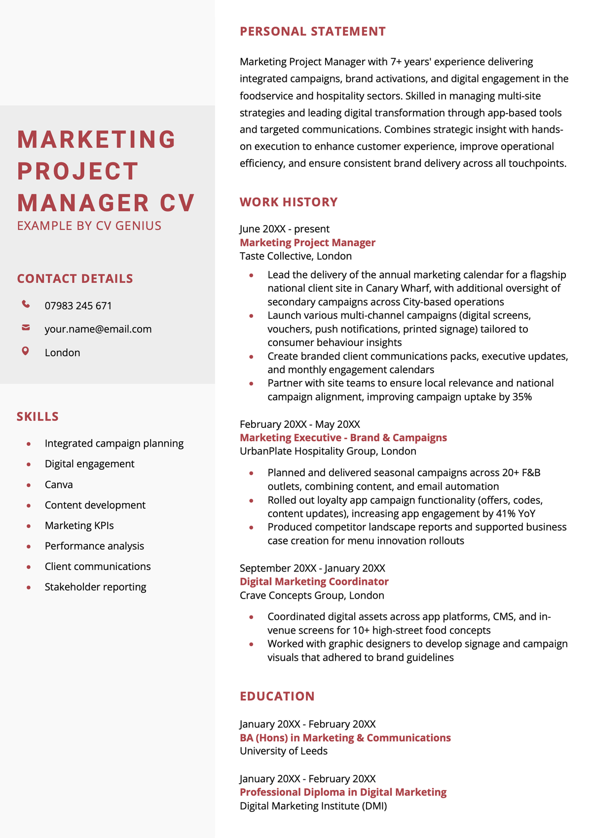 A marketing project manager CV example