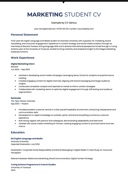 An example marketing student CV