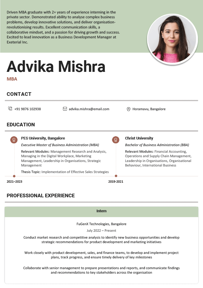 An MBA fresher resume template with a green header and a right-aligned headshot in a circular frame.