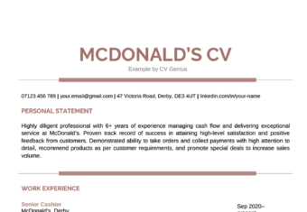 A McDonald's CV example using a modern template and with the candidate's name highlighted in red