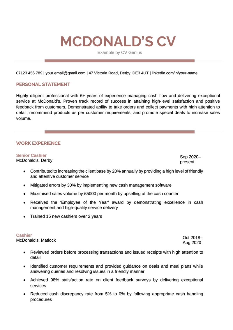 A McDonald's CV example using a modern template and with the candidate's name highlighted in red.