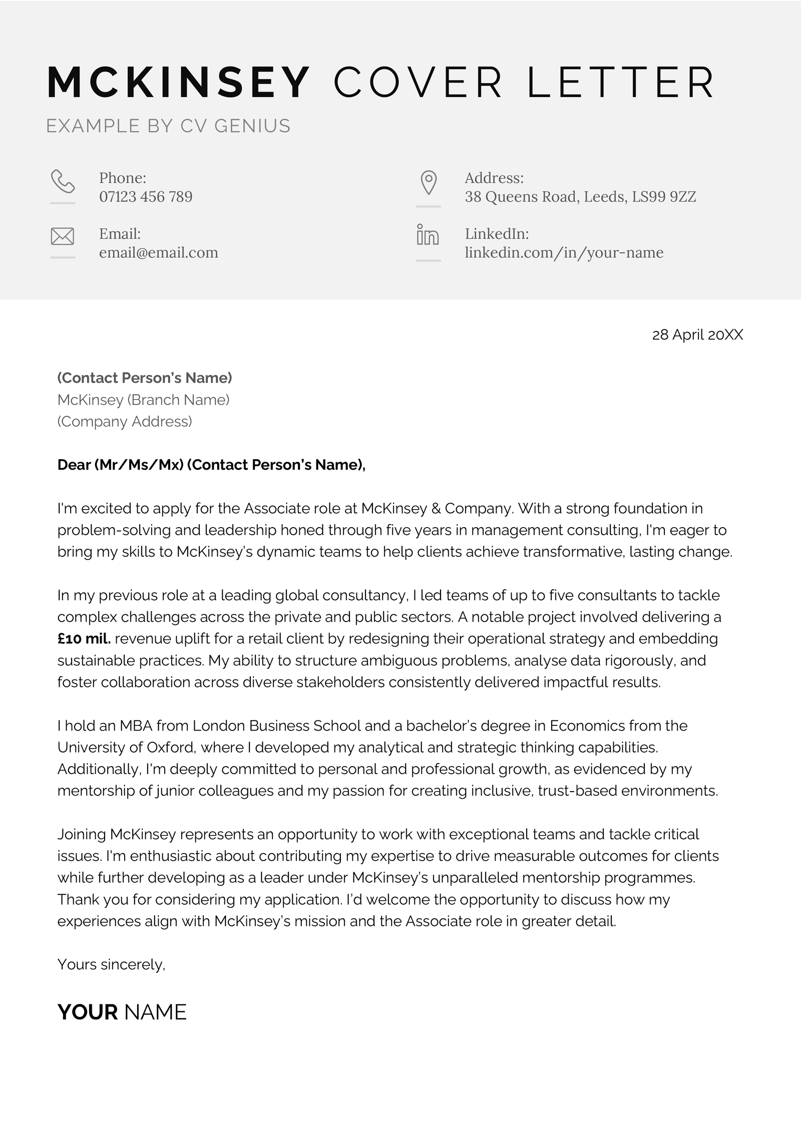 A cover letter mckinsey example for UK job seekers.