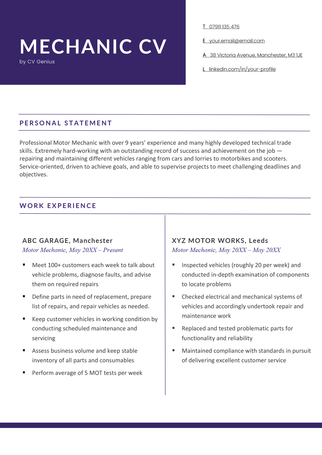 examples of mechanic resume