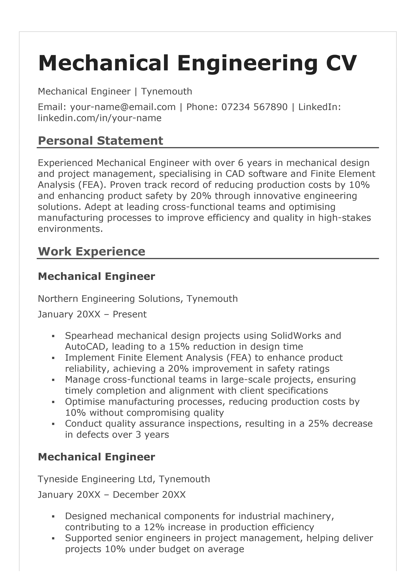 The first page of a mechanical engineer CV example.