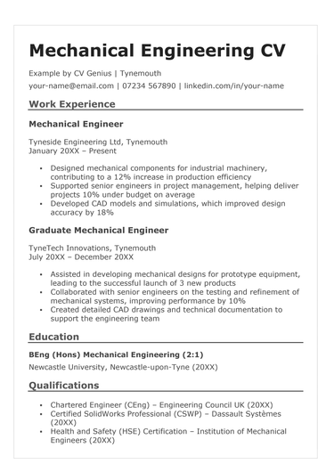 The first page of a mechanical engineer CV example.