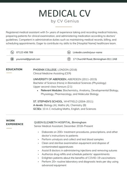 A medical CV template with a dark green CV header and four icons placed beside each section of the applicant's contact information which includes their phone number, email, address, and LinkedIn profile