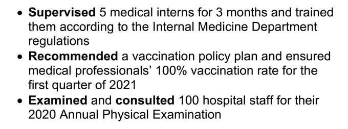 An example of bolded action verbs on a medical CV's work experience bullet points