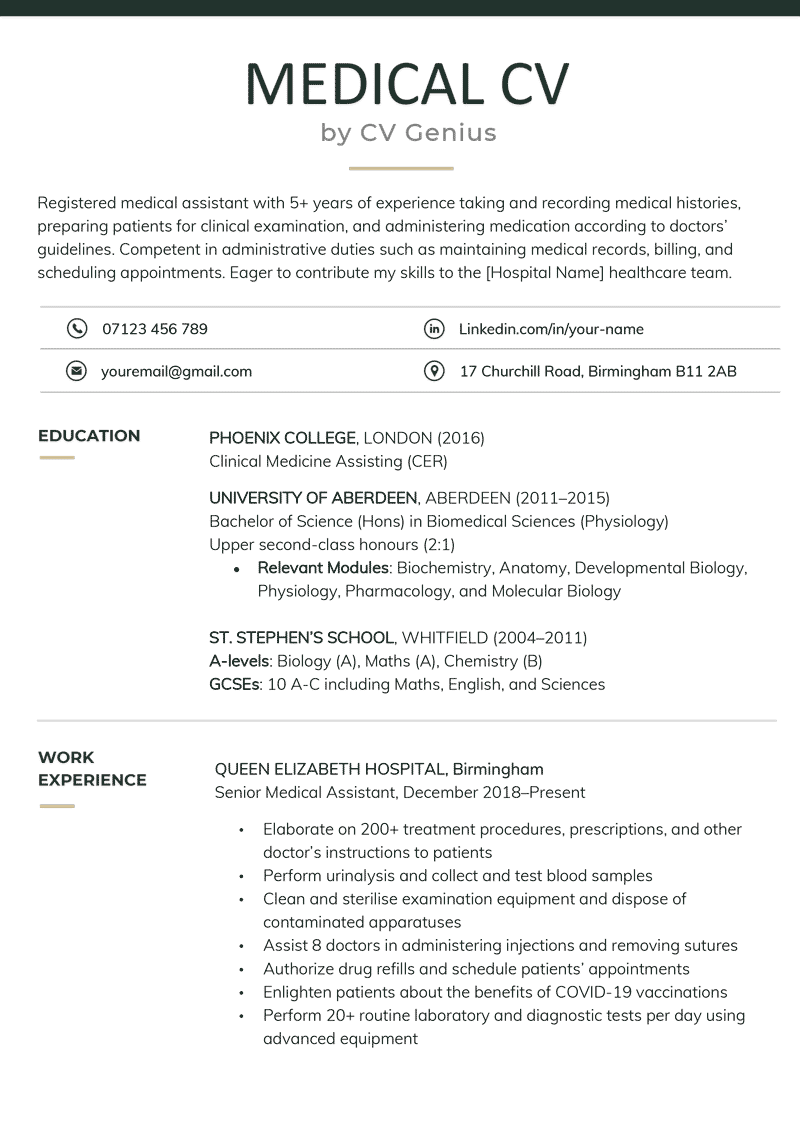 resume examples for medical job
