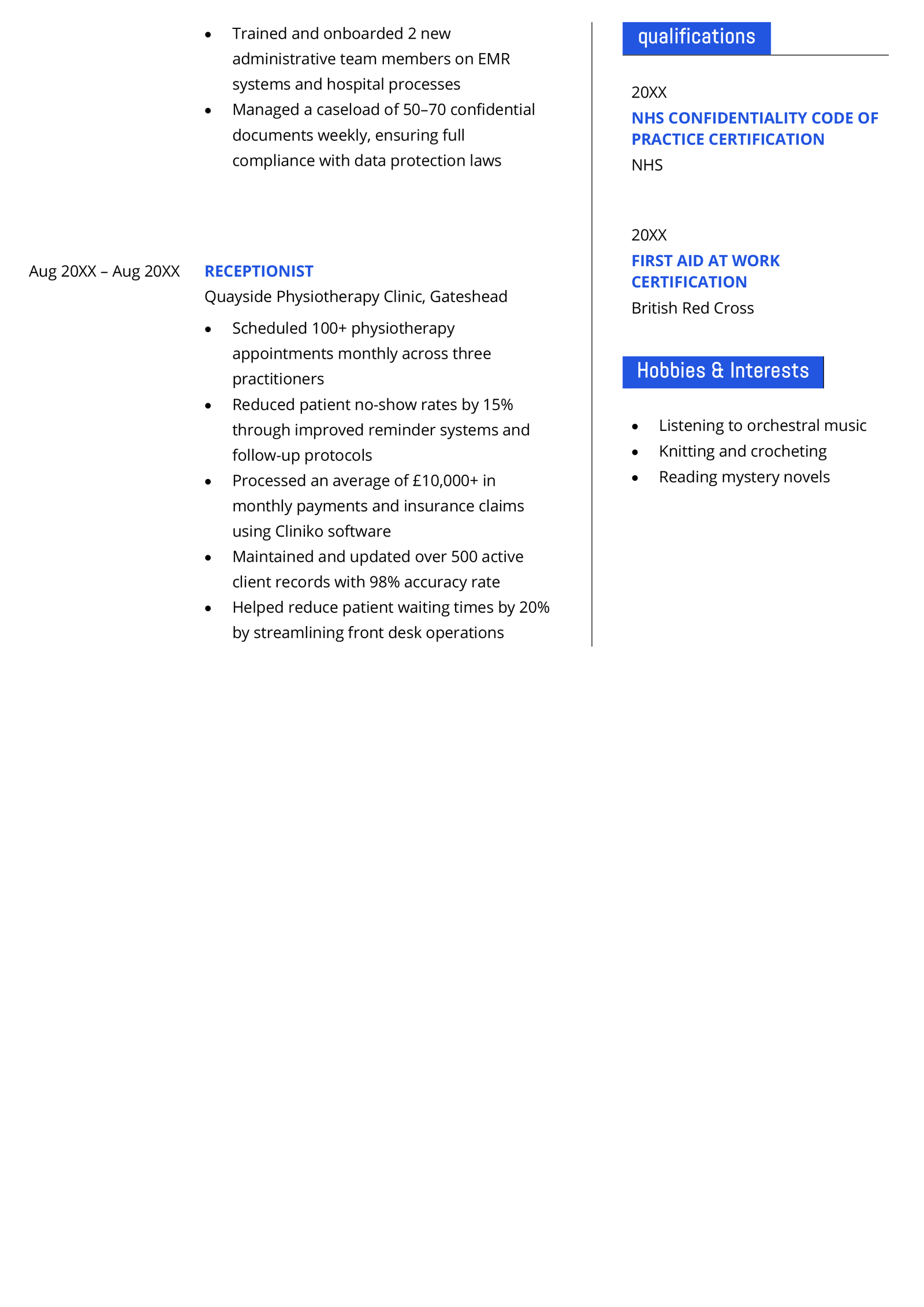 Page two of a medical receptionist CV example.
