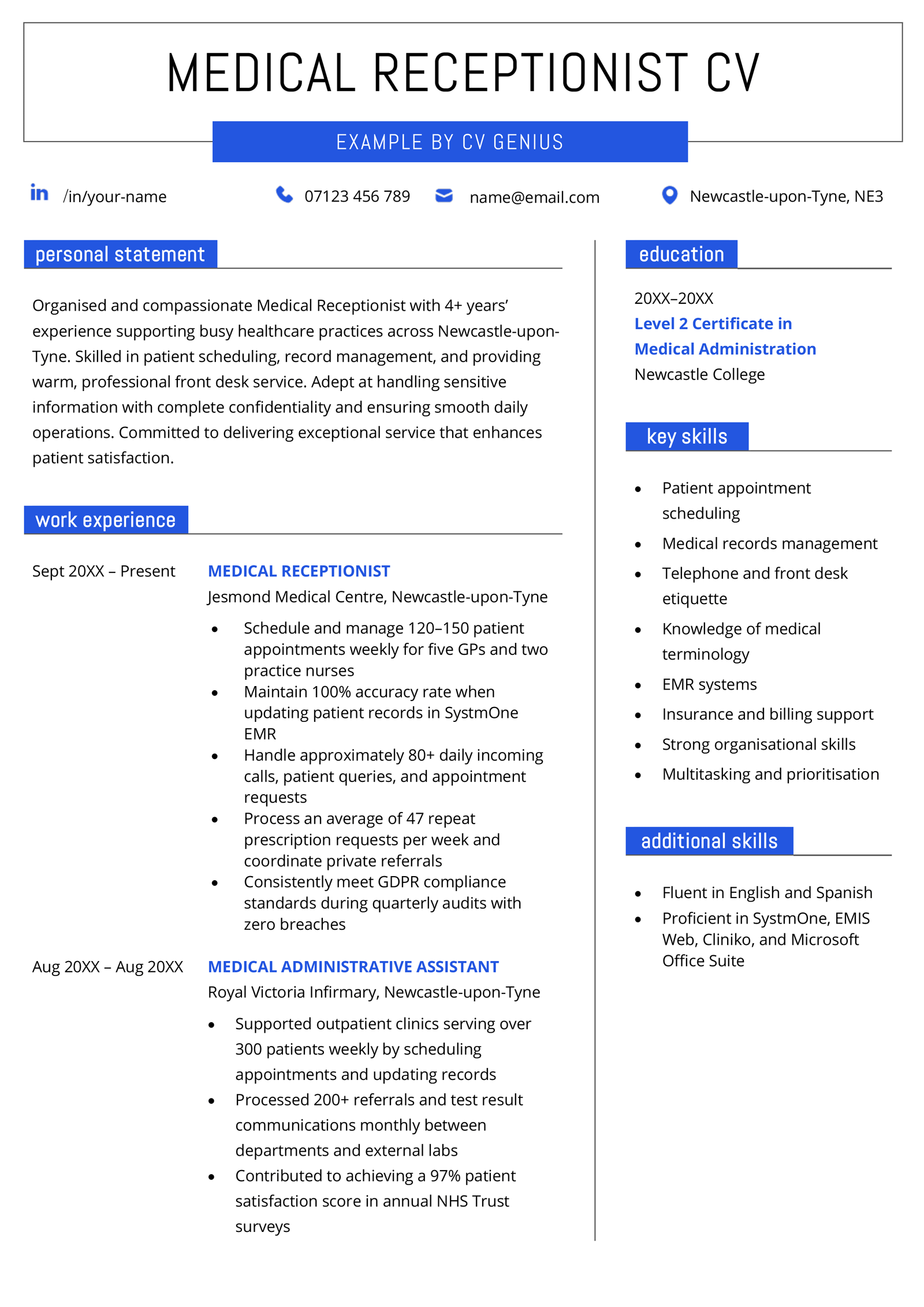 Page one of a medical receptionist CV example.
