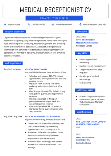 Page one of a medical receptionist CV example.
