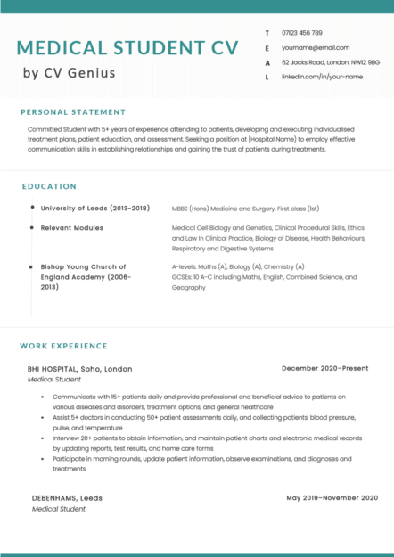 The first page of a medical student CV example on a template with blue headers and black bullet points to highlight the applicant's education section