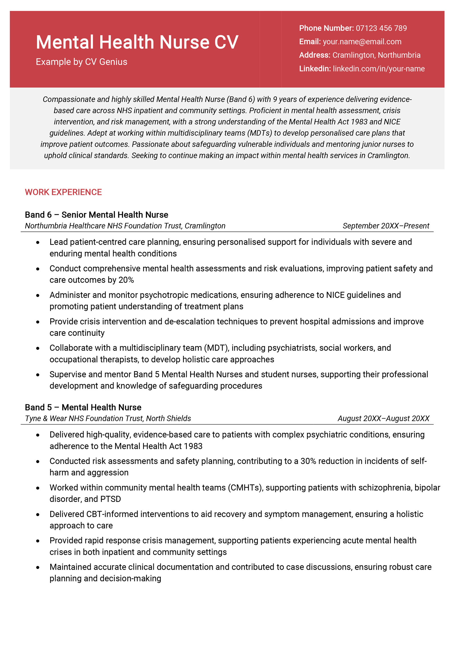 A mental health nurse CV example.