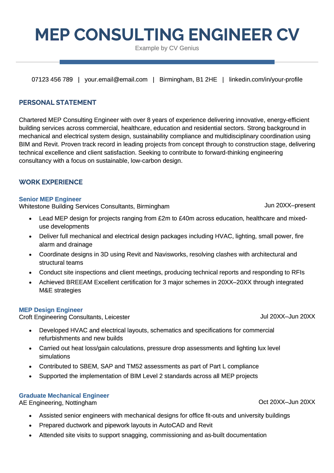 An MEP consulting engineer CV sample.